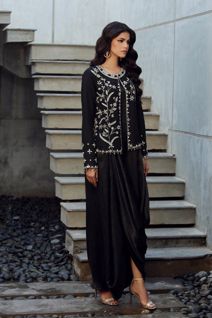 Wardha Saleem | Luxury Pret Fusion Wear | SIA (2PC) XS Black Korean Raw Silk