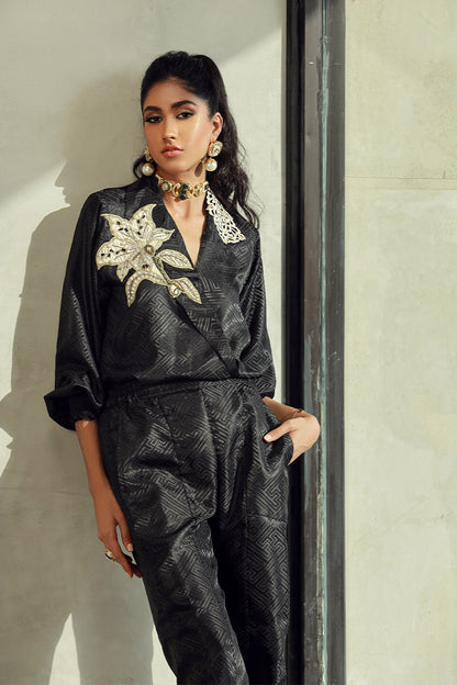 Wardha Saleem | Luxury Pret Fusion Wear | KIERA (2PC) XL Black Embossed Silk