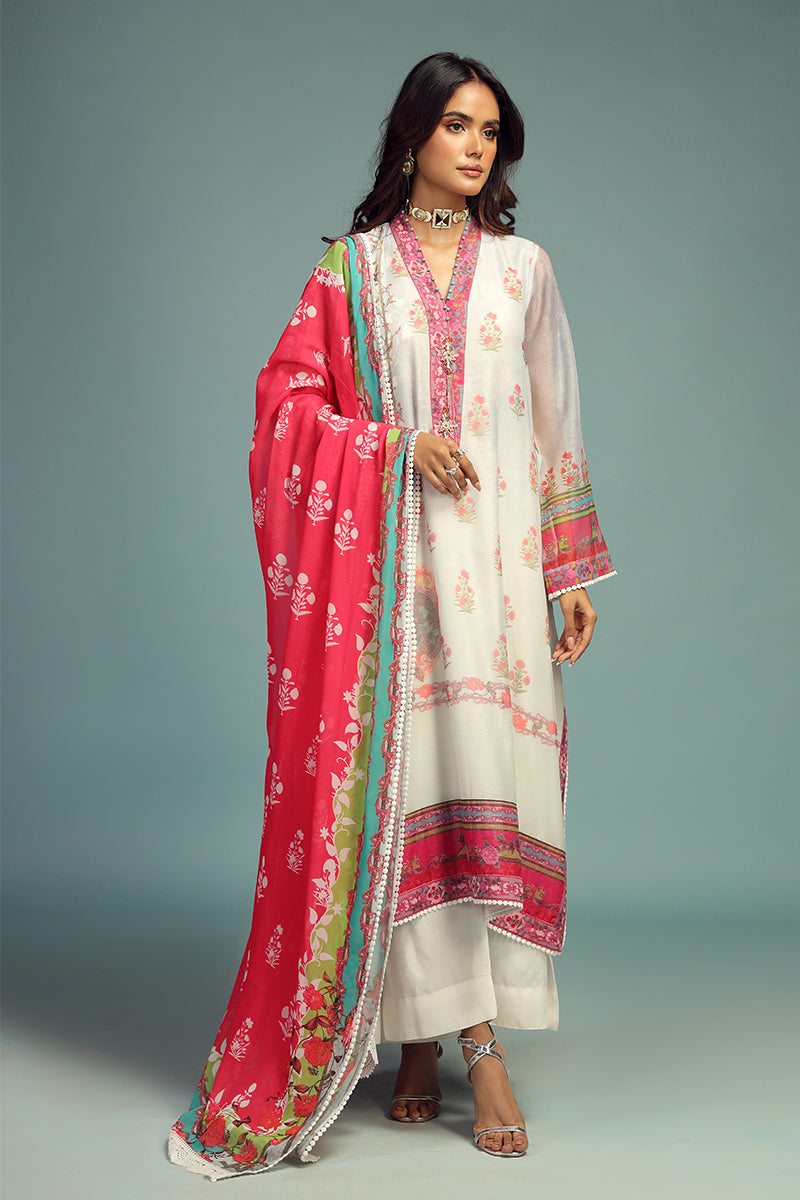 Wardha Saleem | Luxury Pret Traditional Wear | GUL BAHAAR SHIRT WITH DUPATTA (2 PC) XS Off White Cotton Net