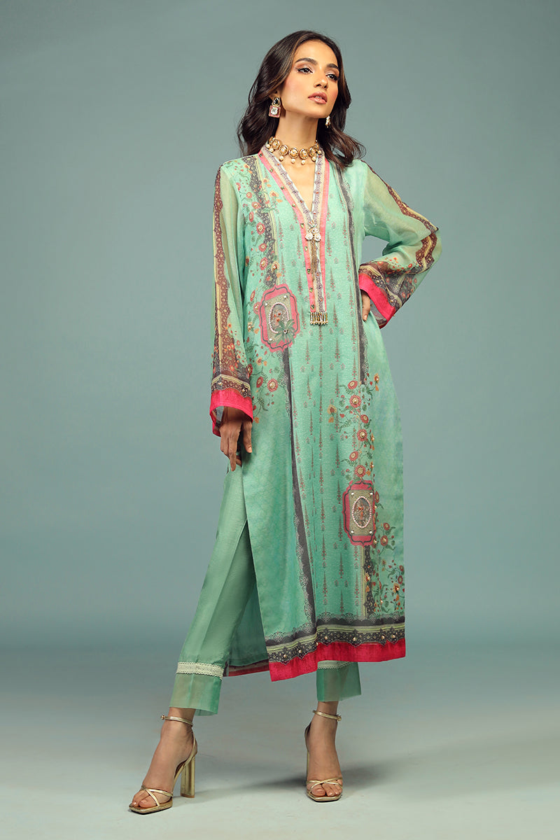Wardha Saleem | Luxury Pret Traditional Wear | CHANDNI SHIRT WITH DUPATTA ( 2 PC) L Mint Green Cotton Net