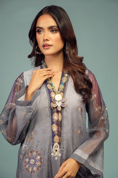 Wardha Saleem | Luxury Pret Traditional Wear | DARVESH SHIRT WITH DUPATTA ( 2 PC) M Gray Cotton Net