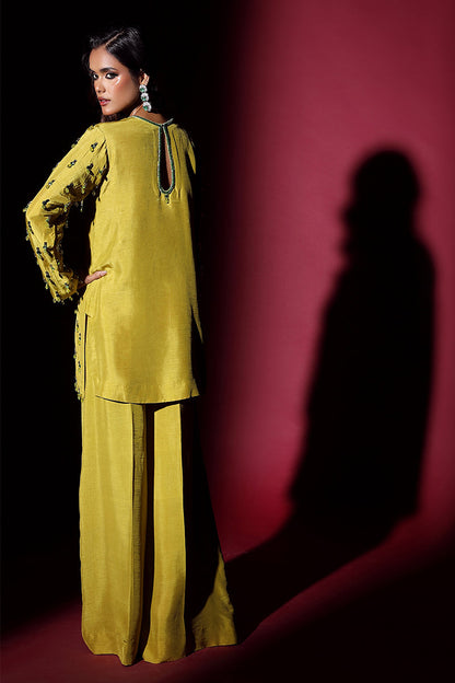 Wardha Saleem | Luxury Pret Fusion Wear | LUXURA (LIME GREEN) CORD-SET (2PC) S Yellow Korean Silk