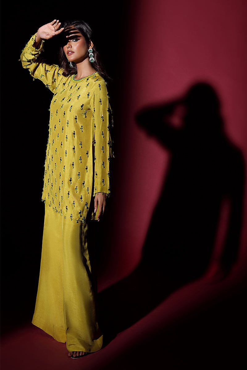 Wardha Saleem | Luxury Pret Fusion Wear | LUXURA (LIME GREEN) CORD-SET (2PC) Custom Size Yellow Korean Silk