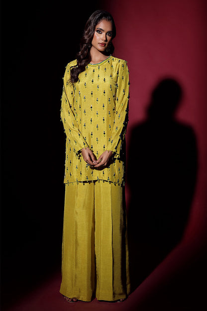 Wardha Saleem | Luxury Pret Fusion Wear | LUXURA (LIME GREEN) CORD-SET (2PC) XL Yellow Korean Silk