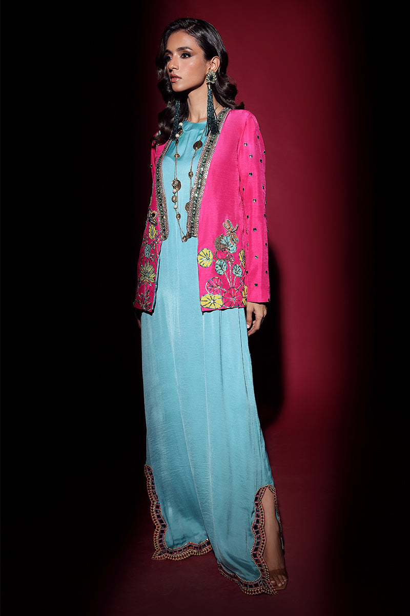 Wardha Saleem | Luxury Pret Fusion Wear | IVY JACKET WITH DRAPE (2PC) XL Hot Pink Korean Silk