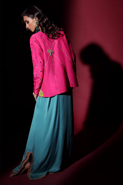Wardha Saleem | Luxury Pret Fusion Wear | IVY JACKET WITH DRAPE (2PC) S Hot Pink Korean Silk