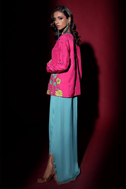 Wardha Saleem | Luxury Pret Fusion Wear | IVY JACKET WITH DRAPE (2PC) L Hot Pink Korean Silk