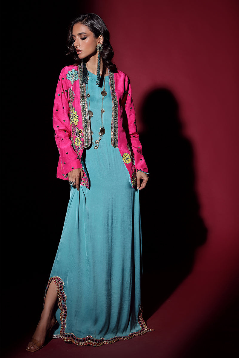 Wardha Saleem | Luxury Pret Fusion Wear | IVY JACKET WITH DRAPE (2PC) XS Hot Pink Korean Silk