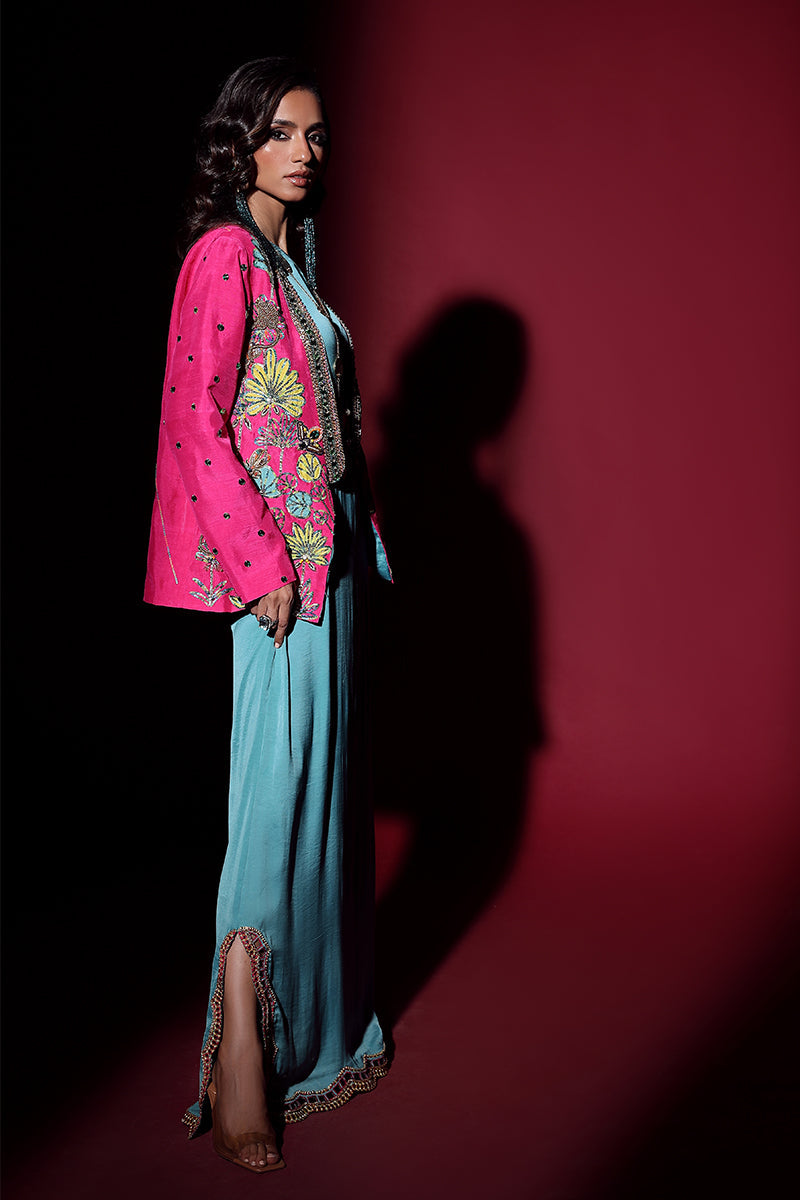 Wardha Saleem | Luxury Pret Fusion Wear | IVY JACKET WITH DRAPE (2PC) M Hot Pink Korean Silk
