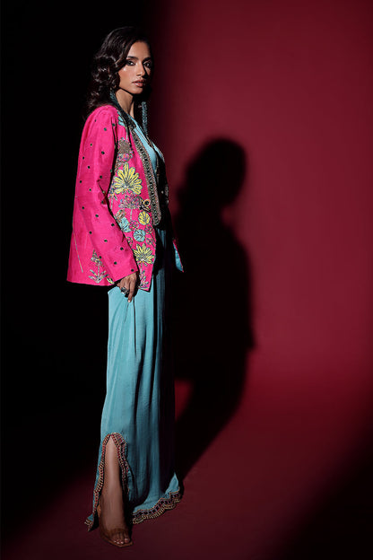 Wardha Saleem | Luxury Pret Fusion Wear | IVY JACKET WITH DRAPE (2PC) M Hot Pink Korean Silk