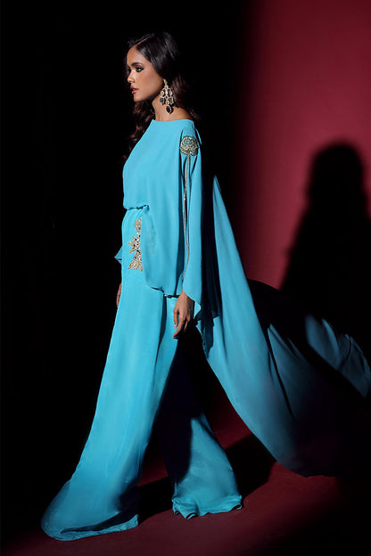 Wardha Saleem | Luxury Pret Fusion Wear | VOGUE JUMPSUIT DRAPE (1PC) XL Teal Crepe Silk