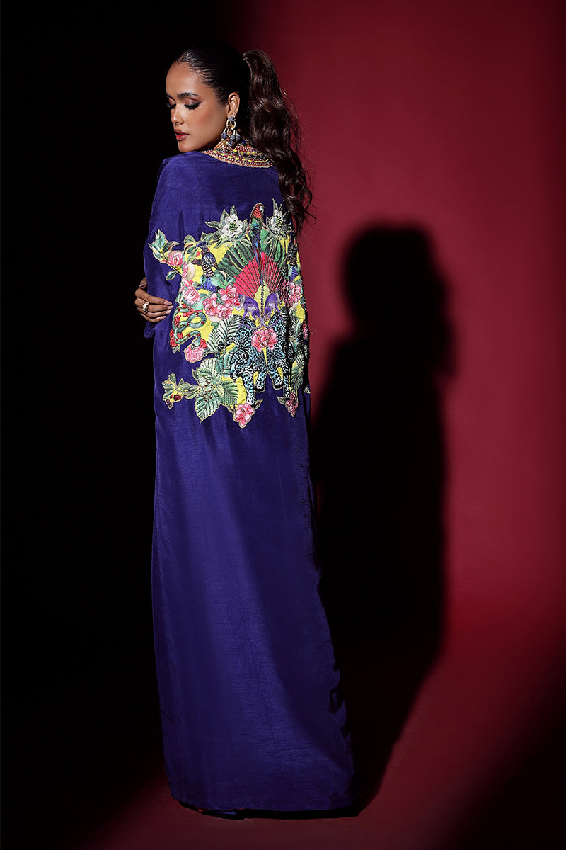 Wardha Saleem | Luxury Pret Fusion Wear | NOVA CAPE WITH DRAPE (2PC) S Cobalt Blue Korean Silk