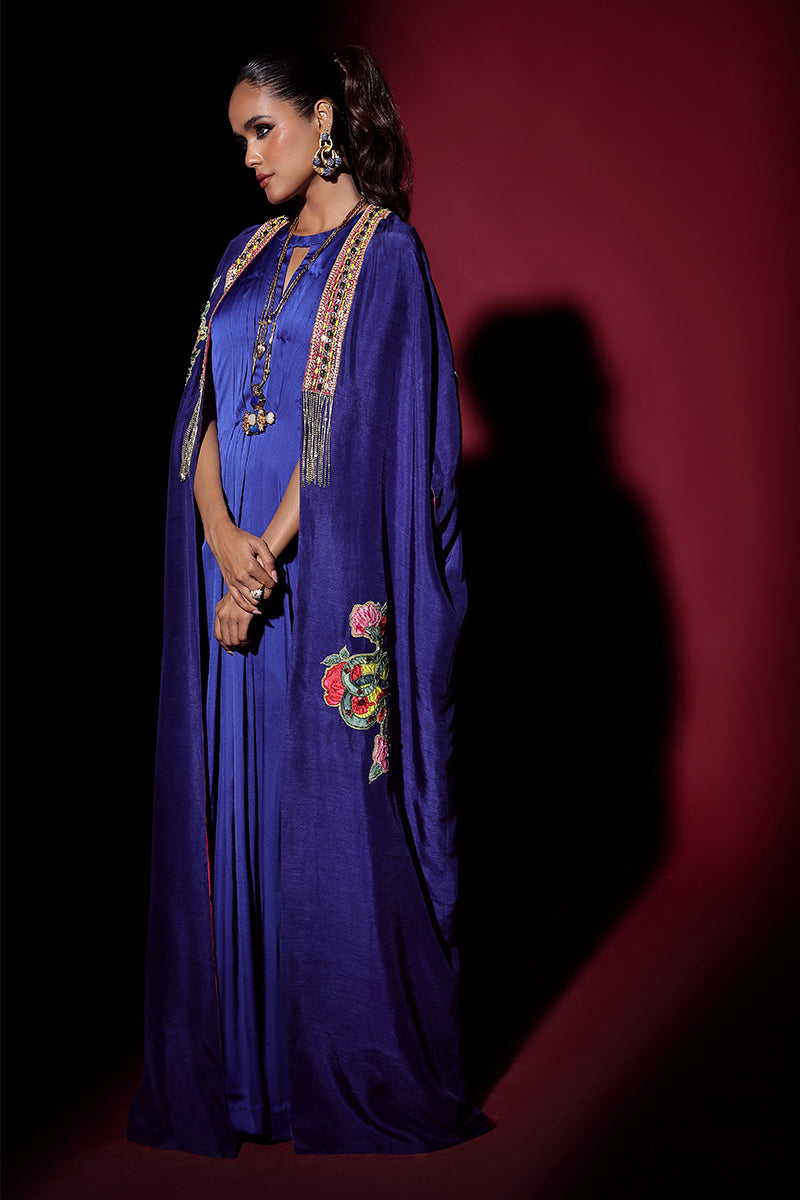 Wardha Saleem | Luxury Pret Fusion Wear | NOVA CAPE WITH DRAPE (2PC) Custom Size Cobalt Blue Korean Silk