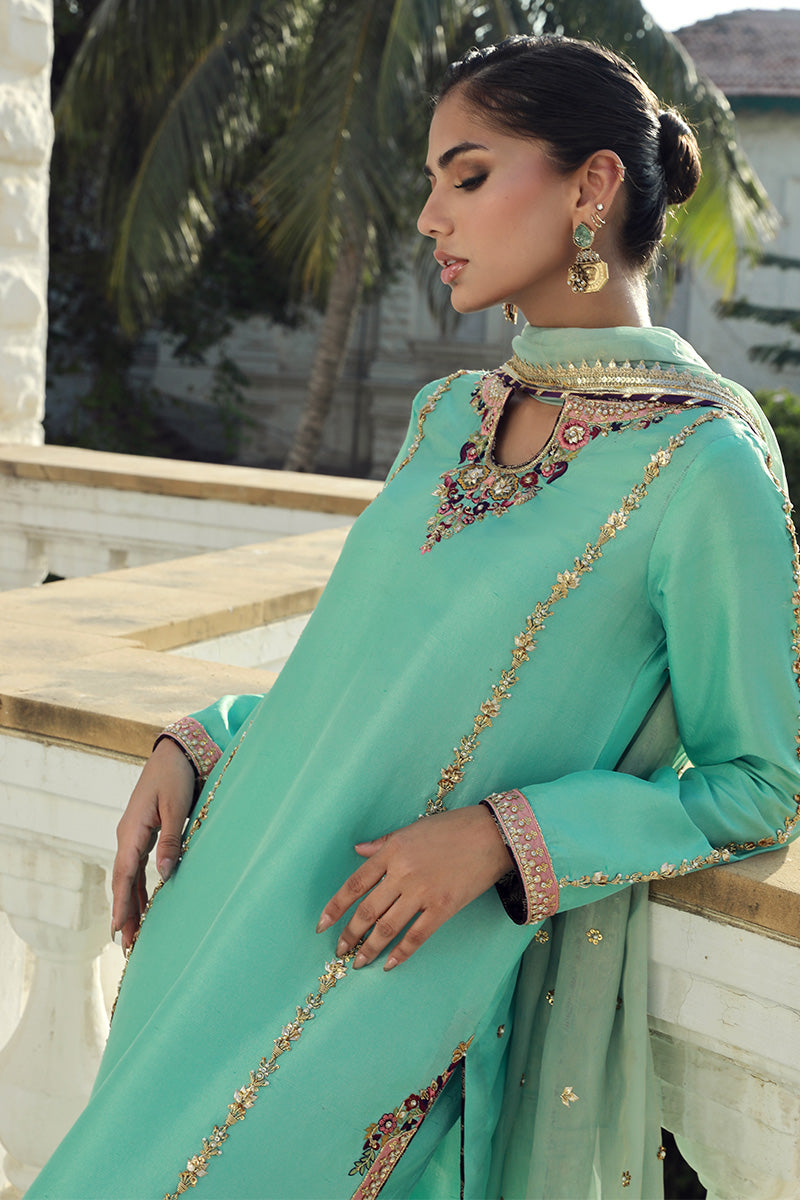 Sana Abbas | Velvet Formals | AQUAMARINE L Aqua Green Silk