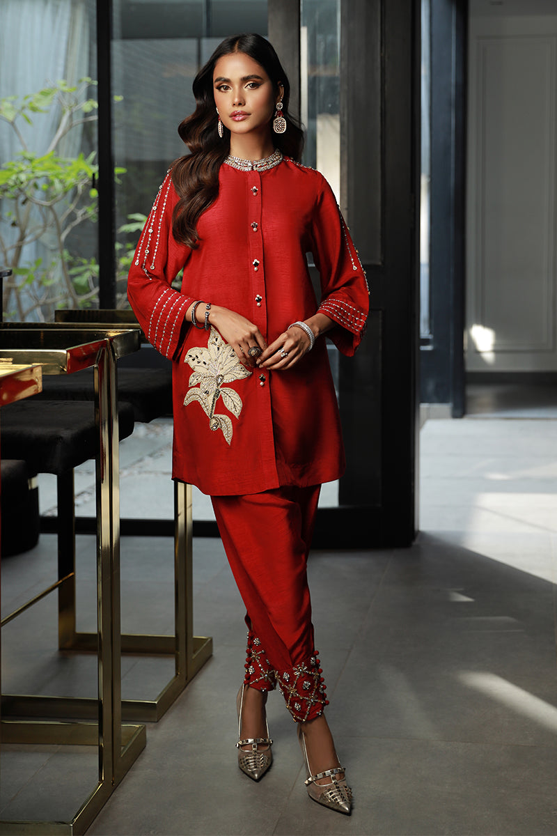 Wardha Saleem | Luxury Pret Traditional Wear | ZIAA (2PC) XS Red Korean Raw Silk