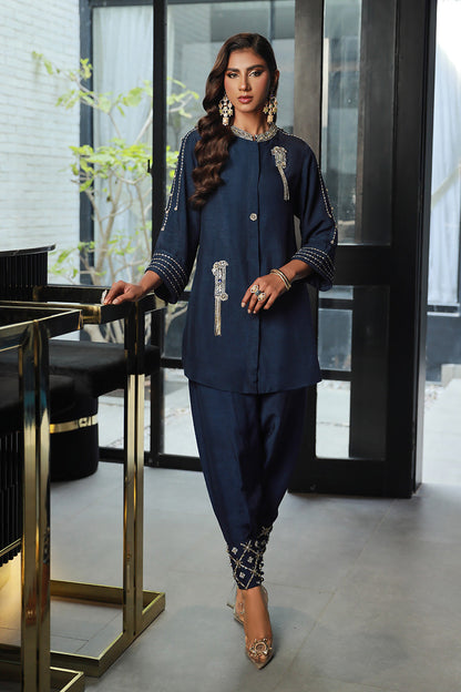 Wardha Saleem | Luxury Pret Traditional Wear | EVARA (2PC) XS Midnight Blue Korean Raw Silk