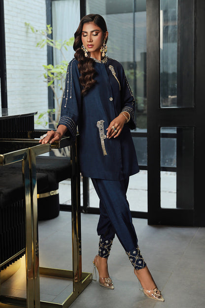 Wardha Saleem | Luxury Pret Traditional Wear | EVARA (2PC) XL Midnight Blue Korean Raw Silk