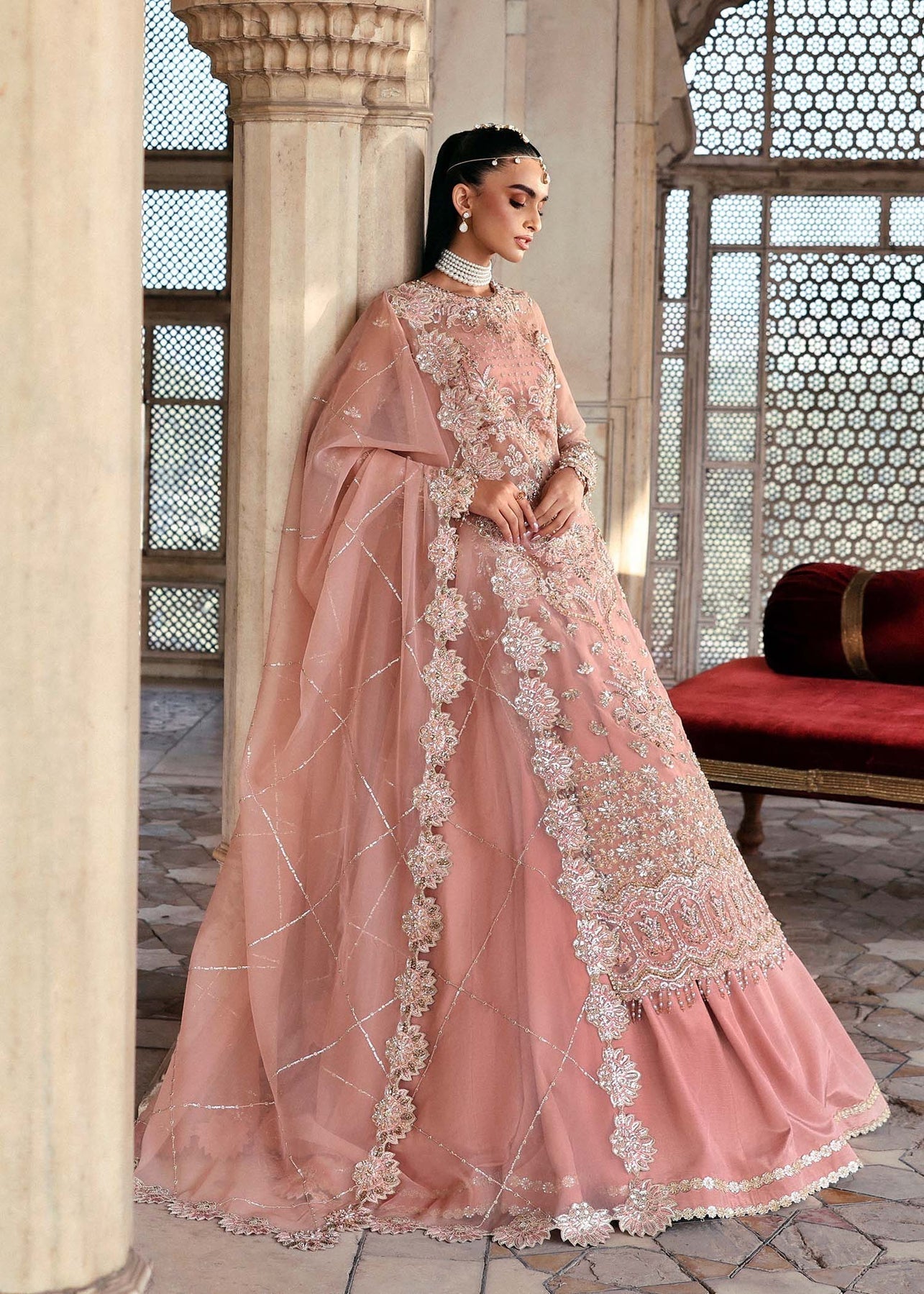 Akbar Aslam | Dastaan Luxury Formals | Nazneen Custom Size Peach Pink Net