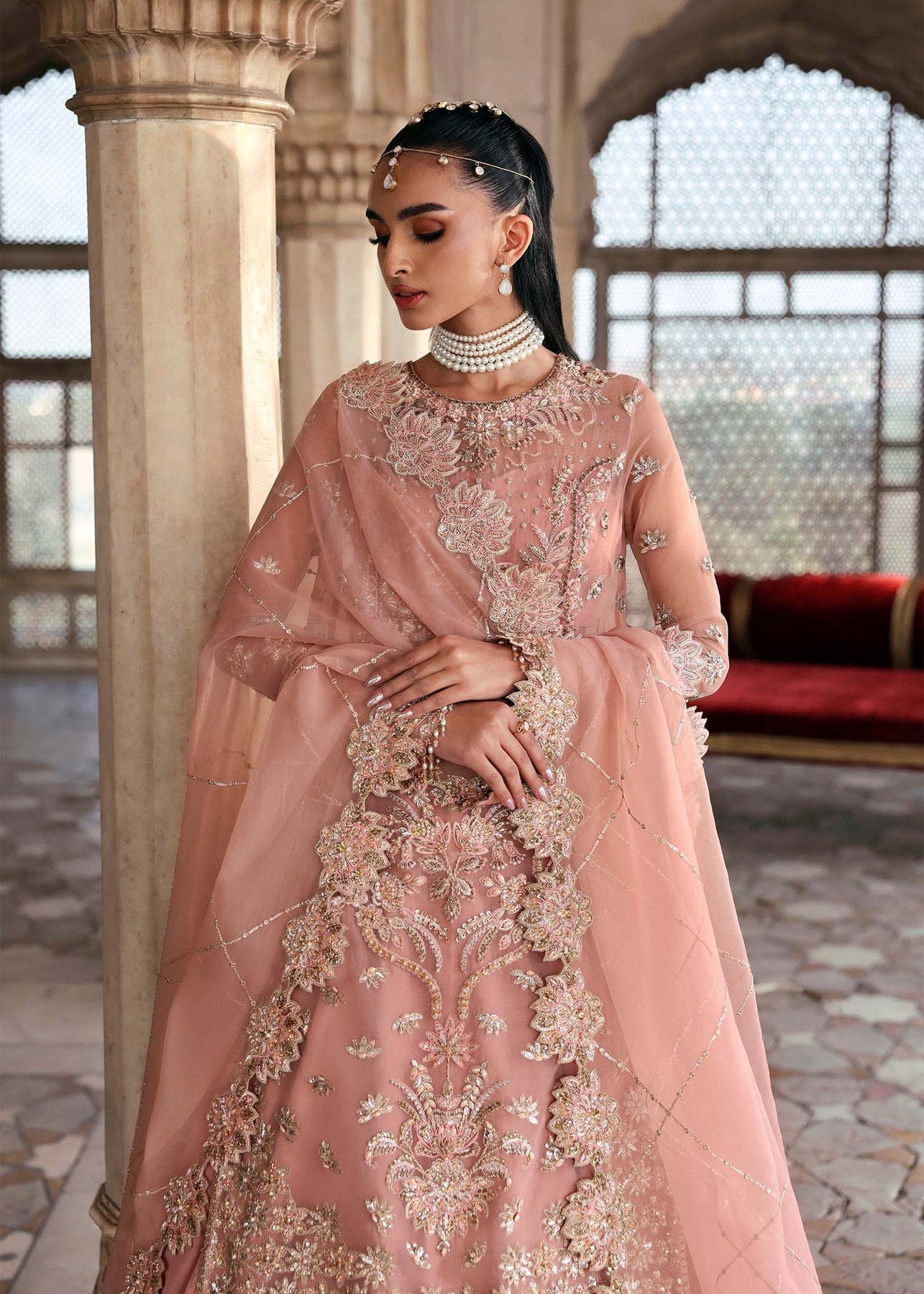 Akbar Aslam | Dastaan Luxury Formals | Nazneen M Peach Pink Net