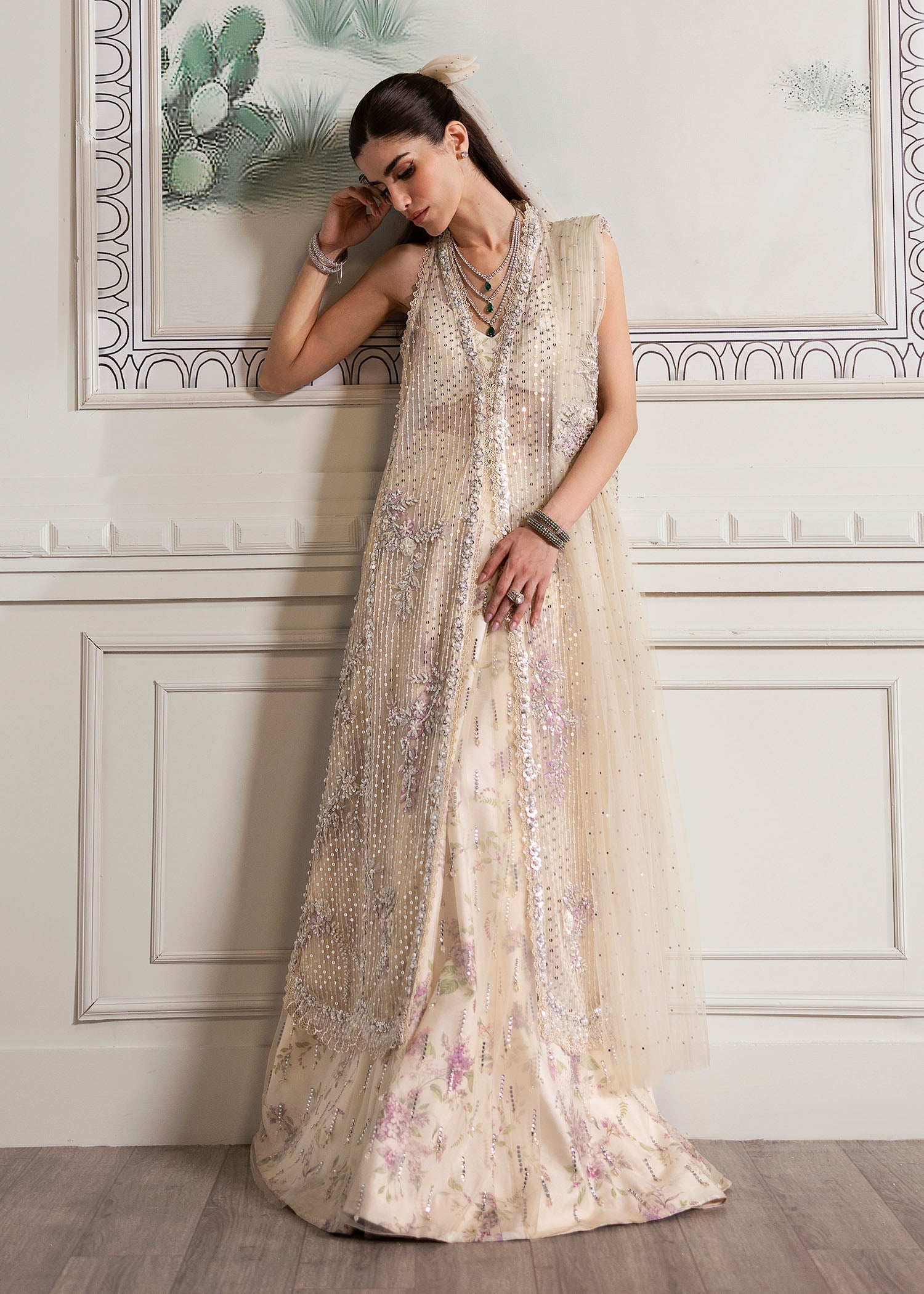 Crimson | A Beautiful Chaos Wedding Collection | A Swarovski Affair XS Ivory Long Open Jacket with Lehnga