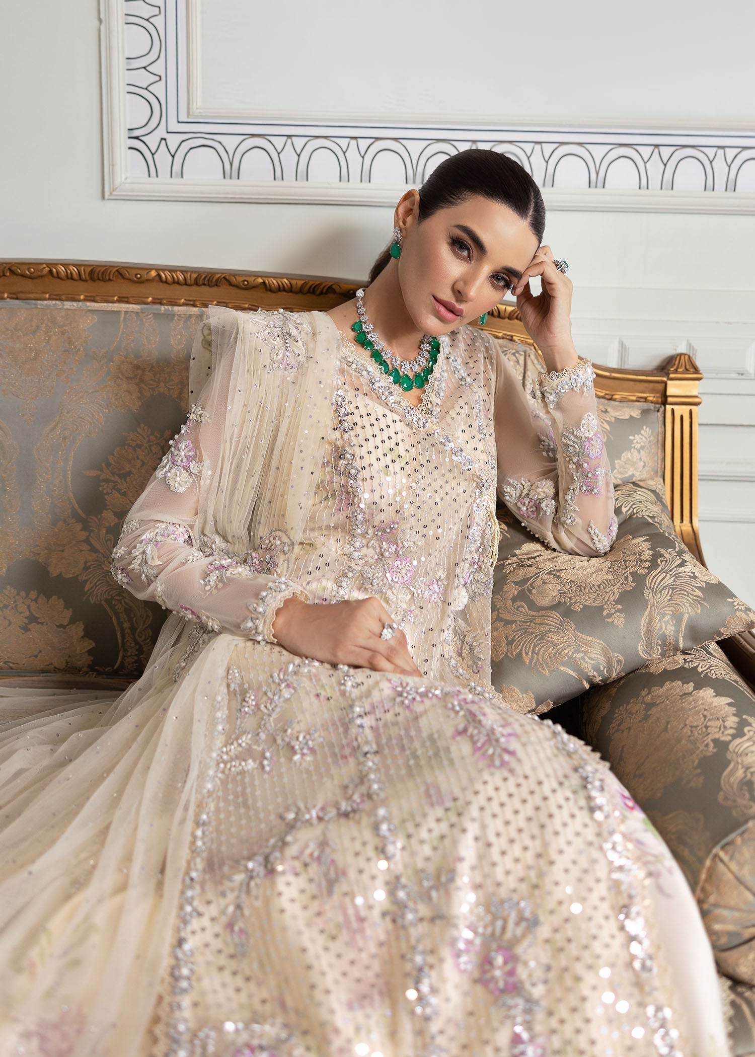 Crimson | A Beautiful Chaos Wedding Collection | A Swarovski Affair M Ivory Long Open Jacket with Lehnga