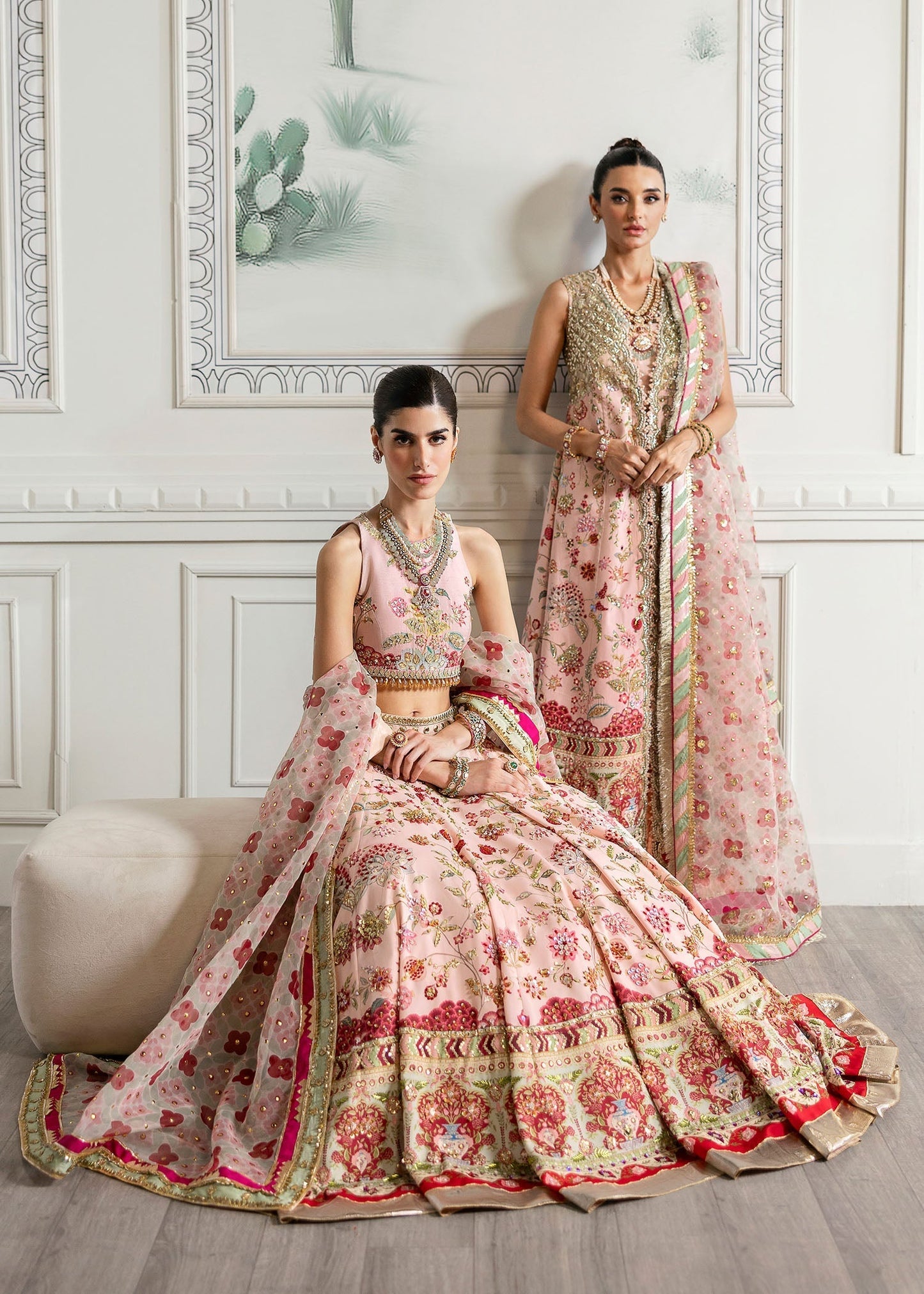 Crimson | A Beautiful Chaos Wedding Collection | Crystal Chinoiserie XS Rose Pink Long Open Jacket with Crushed Sharara