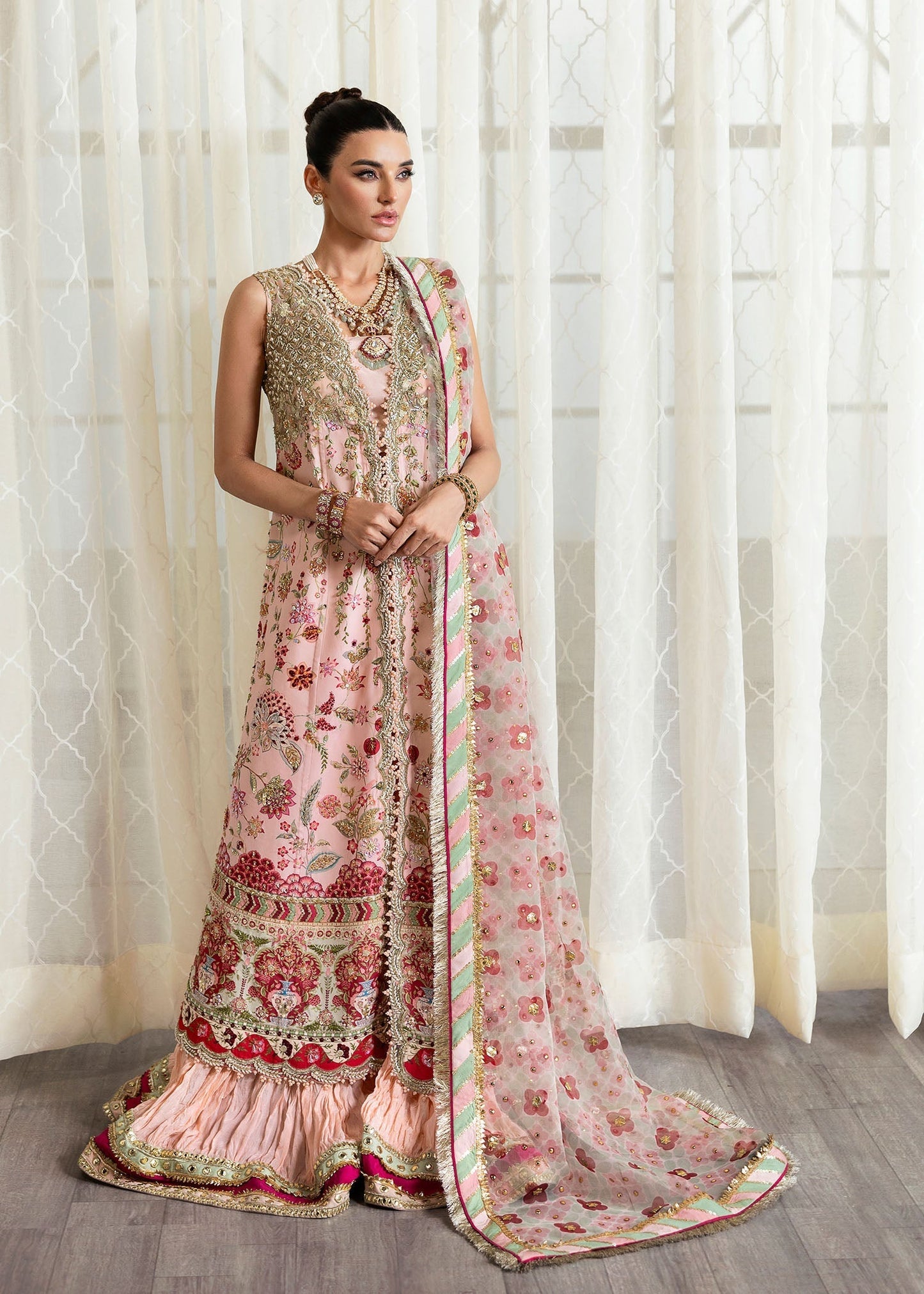 Crimson | A Beautiful Chaos Wedding Collection | Crystal Chinoiserie M Rose Pink Long Open Jacket with Crushed Sharara