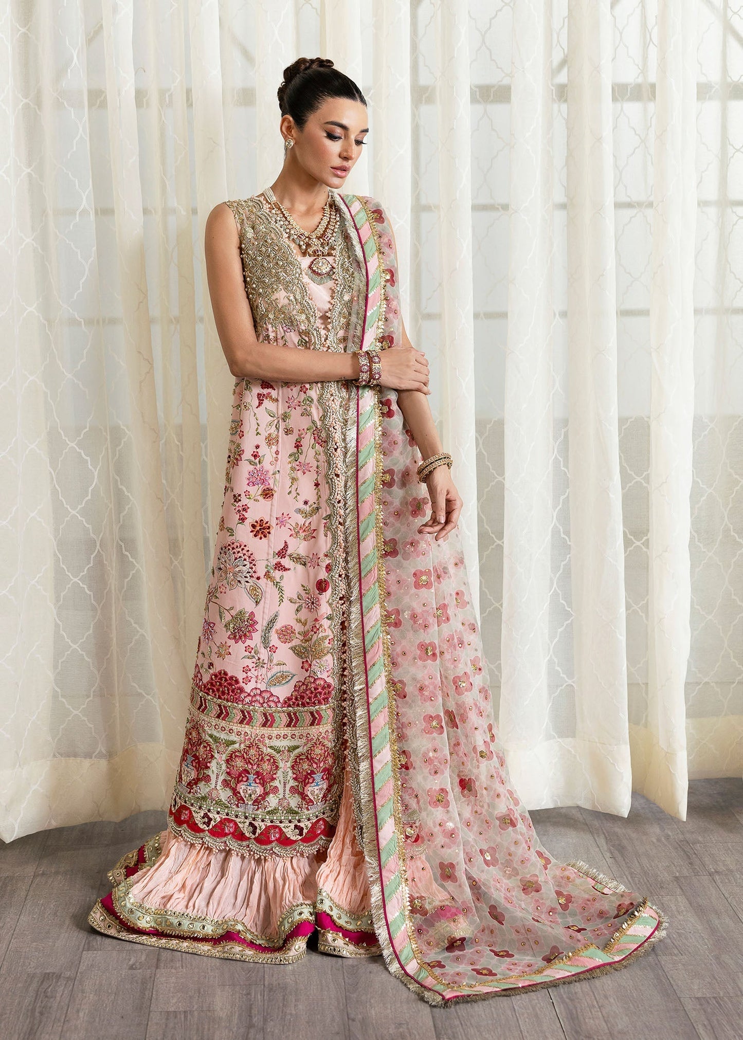 Crimson | A Beautiful Chaos Wedding Collection | Crystal Chinoiserie S Rose Pink Long Open Jacket with Crushed Sharara
