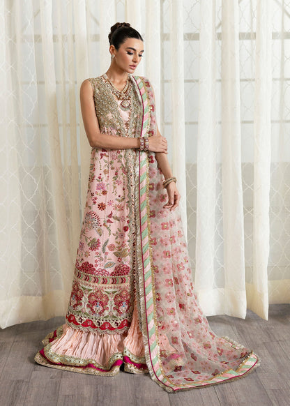 Crimson | A Beautiful Chaos Wedding Collection | Crystal Chinoiserie S Rose Pink Long Open Jacket with Crushed Sharara
