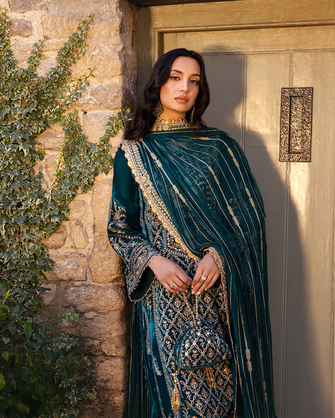 Faiza Saqlain | Adeen Formals | Merna L Teal Green Embroidered Velvet
