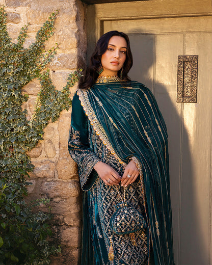 Faiza Saqlain | Adeen Formals | Merna L Teal Green Embroidered Velvet