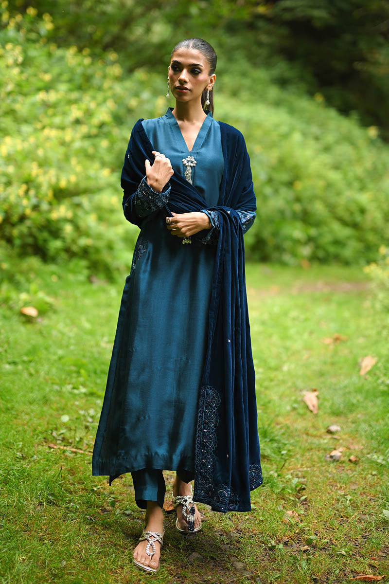 Hue Pret | Farasha Luxury Winter | Mina Custom Size Teal Blue Pure Sheesh Silk