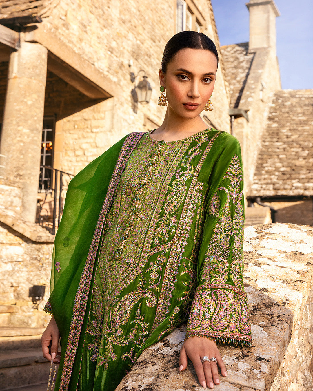 Faiza Saqlain | Adeen Formals | Tegan XL Forest Green Embroidered Velvet