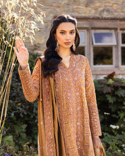 Faiza Saqlain | Adeen Formals | Coreene M Mustard Brown Embroidered Velvet