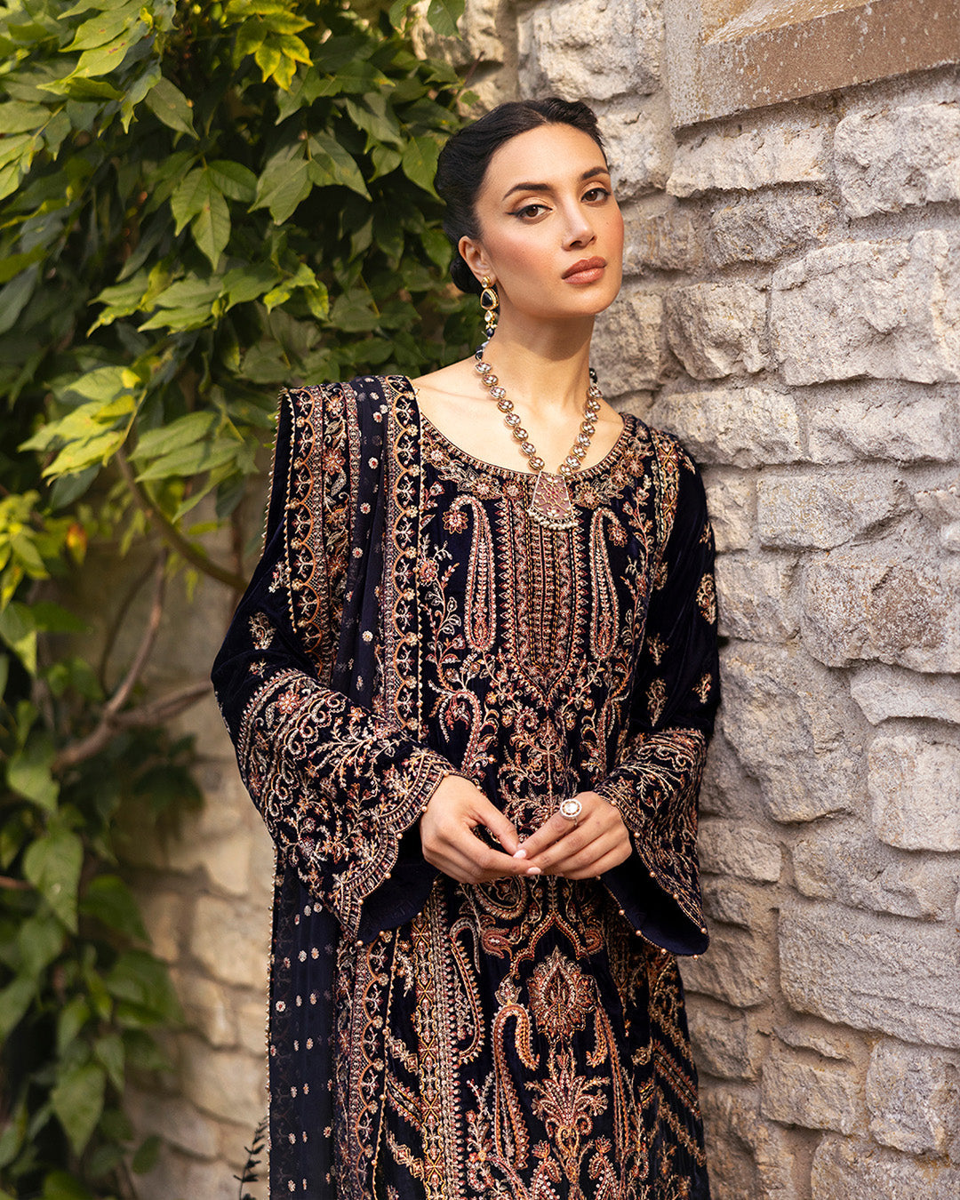 Faiza Saqlain | Adeen Formals | Divone M Dark Blue Embroidered Velvet