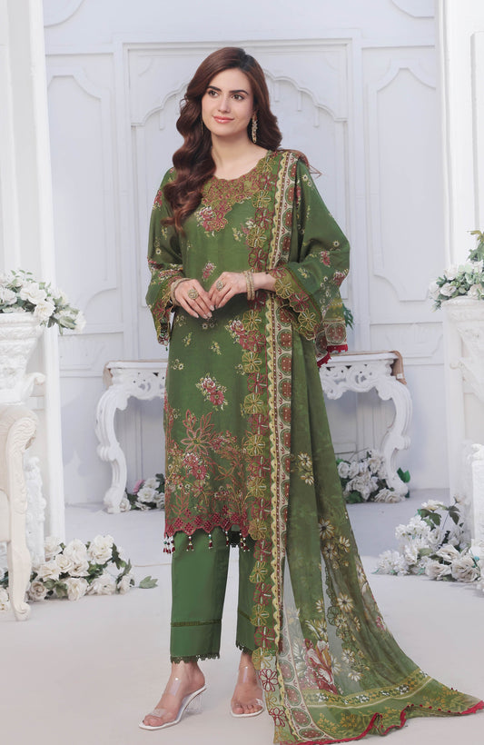 Al Zohaib | Applique Kari Cutwork Edit 25 | ACE-25-03 XS Deep Olive Green Chikankari
