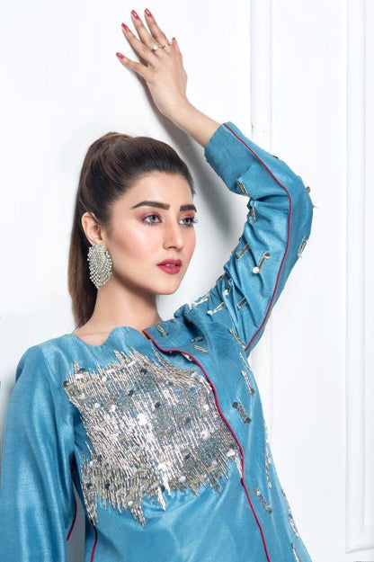 Hana | Eclectic Ready to Wear | Cerulian Spark L Teal Raw Silk