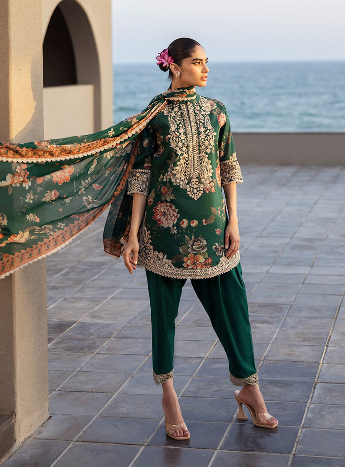 Zainab Chottani | Tahra Lawn 25 | Velina Custom Size Deep Olive Green Lawn