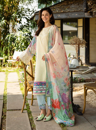 Roheenaz | Ethereal Bloom Lawn 25 | Velora XS Ivory Printed lawn