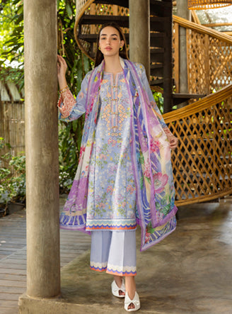 Roheenaz | Ethereal Bloom Lawn 25 |Florien XS LIight blue Grey Printed lawn