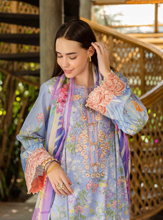 Roheenaz | Ethereal Bloom Lawn 25 |Florien M LIight blue Grey Printed lawn