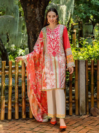 Roheenaz | Ethereal Bloom Lawn 25 | Roselle XS Orange Printed lawn