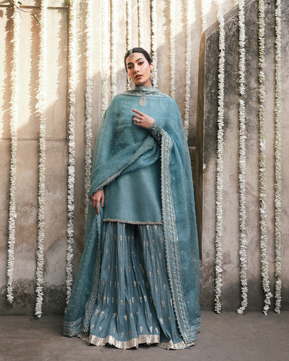 Faiza Saqlain | Zimmal Formals | Tisha XL Teal Blue Korean Raw Silk