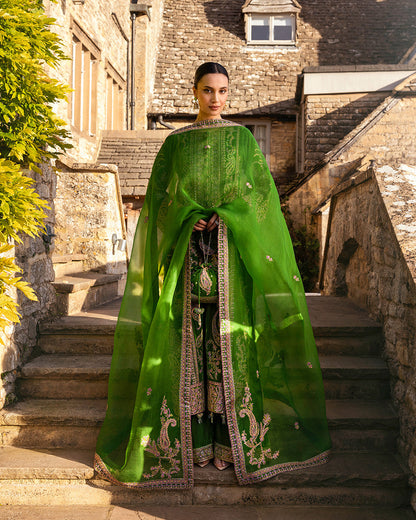 Faiza Saqlain | Adeen Formals | Tegan L Forest Green Embroidered Velvet