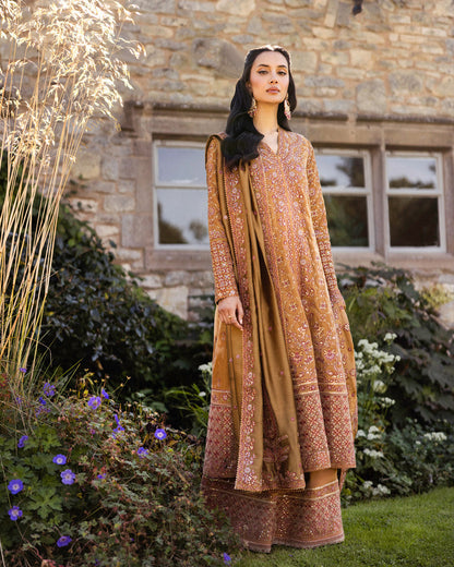 Faiza Saqlain | Adeen Formals | Coreene S Mustard Brown Embroidered Velvet