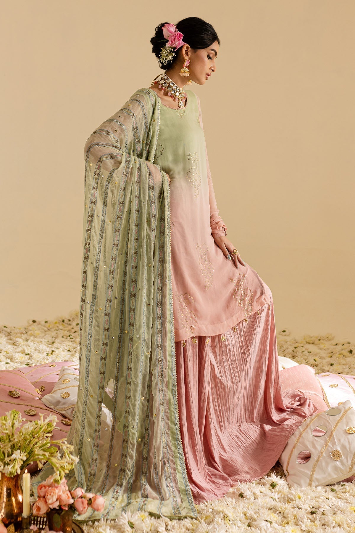 Nureh | Mukeshkari Formals | MK-07 XL Peach Pink Chiffon