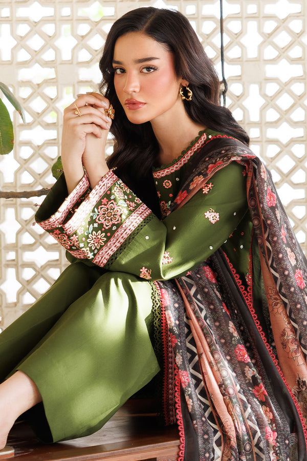 Farasha | Summer Weaves Embroidered Lawn | Olivine Dreams XL Olive Green Lawn