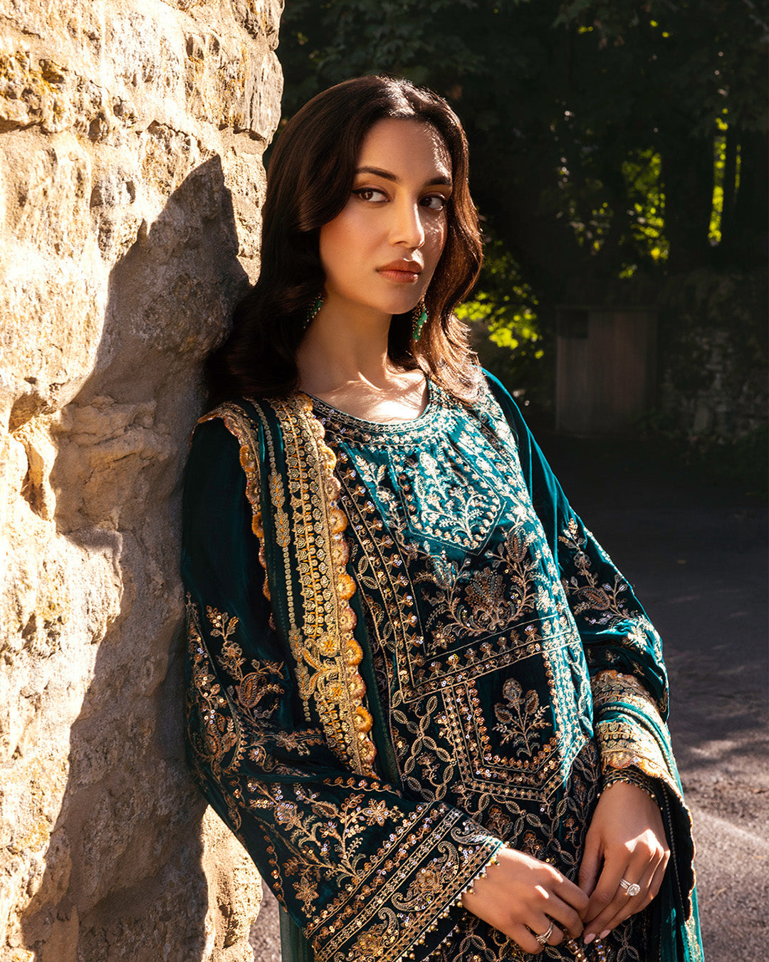 Faiza Saqlain | Adeen Formals | Merna M Teal Green Embroidered Velvet