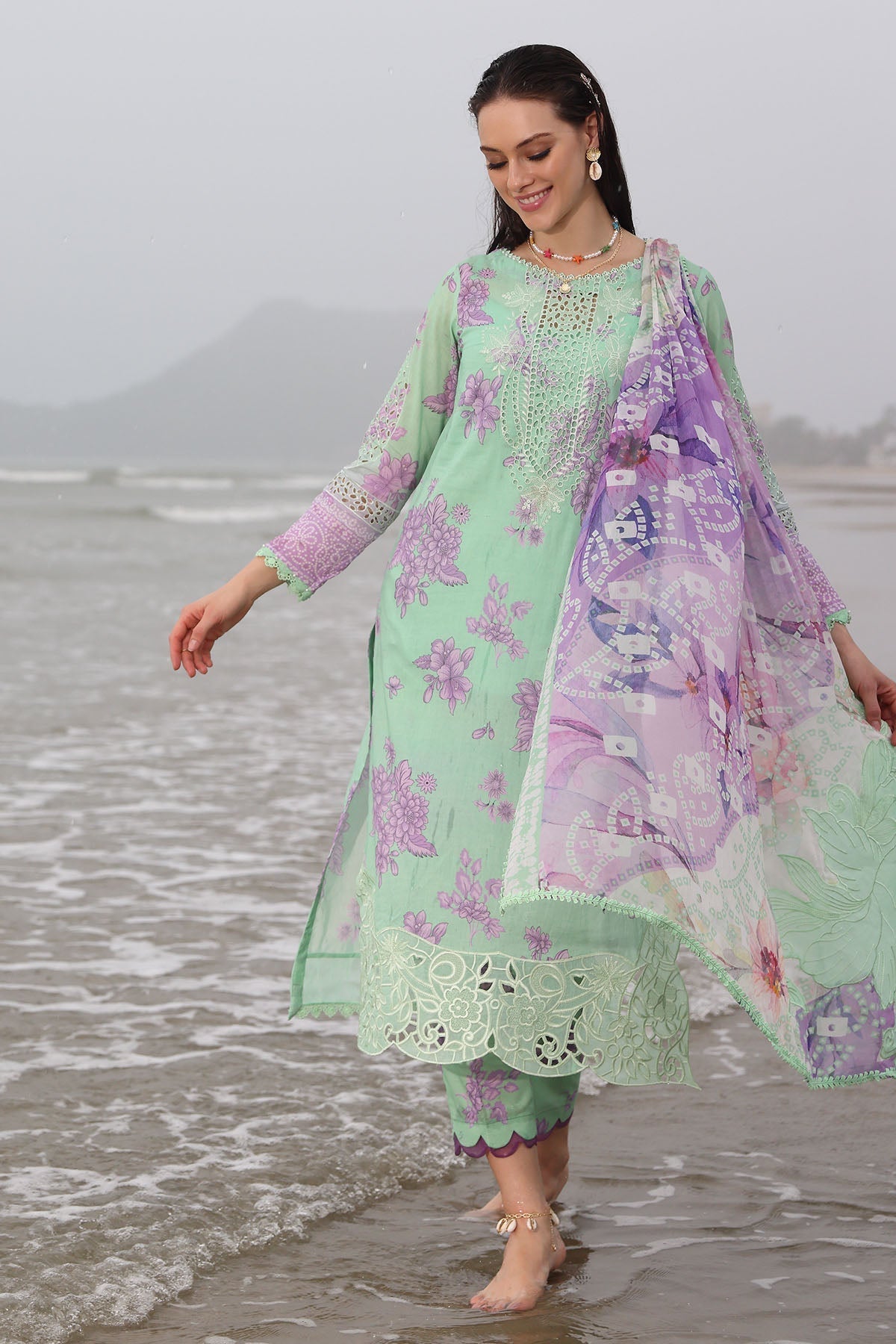 Nureh | Gardenia Embroidered Lawn 25 | NSG-174 Custom Size IceBery Green Lawn