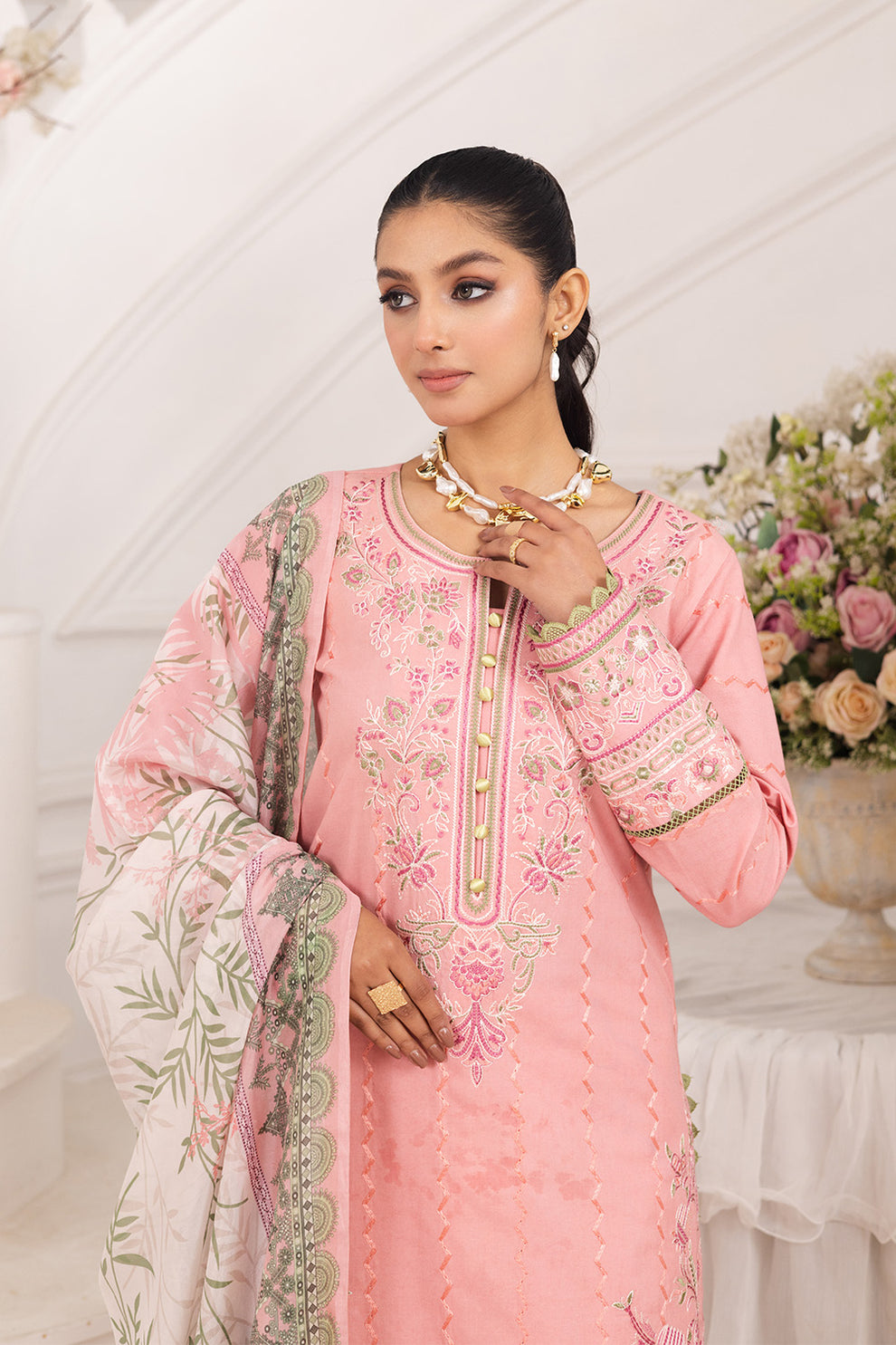 Maryum N Maria | Mira Luxury Lawn | MAHINE - FS50106 L Salmon Pink Lawn